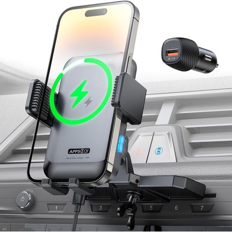 APPS2Car Car Phone Holder with 15W Wireless Charger - CD Slot Mount, Auto Close, 360° Rotation, Quick Charge Compatible with iPhone 16/15/14/13/12 Pro Max, Samsung Galaxy (1/5)