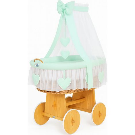 Moisés de mimbre Amelia con dosel - Ropa de cama natural y menta (1/3)