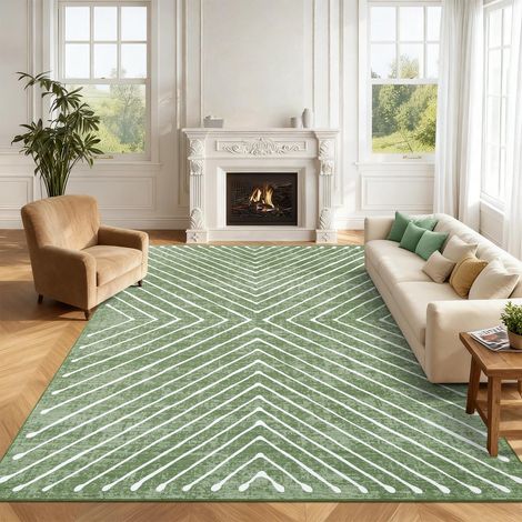 120 x 170 cm Tapis lavable pour salon, tapis géométrique moderne, tapis de chambre à coucher à rayures contemporains, tapis doux à poils courts pour chambre d'enfant, bureau, vert (1/5)
