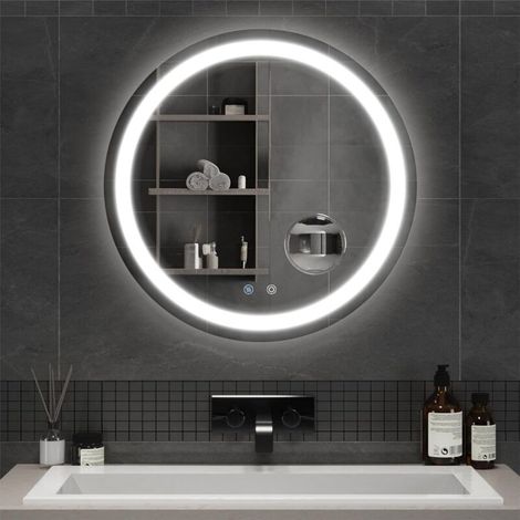 Runder LED-Badezimmerspiegel (60 cm), Wandmontage, beleuchtet, mit Touch-Schalter und Antibeschlagfunktion, abnehmbare 5-fache Vergrößerungslinse mit einstellbarer Helligkeit. (1/4)