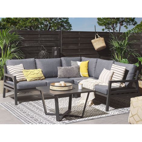 Juego de muebles esquineros para exterior de aluminio gris oscuro y negro mesa de centro cojines de poliéster 5 plazas Vizzini (1/5)