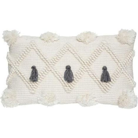 Coussin Déco à Pompons "Row" 30x50cm Gris (1/3)