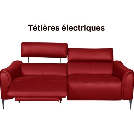 Canapé 3 places avec 2 relax en 100% tout cuir épais de luxe italien avec 2 relax électriques et 2 têtières électriques, MILAN, rouge foncé (1/3)