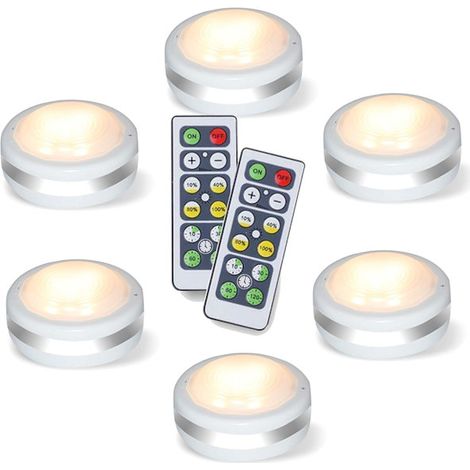 Lampes Puck Lamps à piles avec télécommande, éclairage LED sous meuble, sans fil et à intensité variable pour armoire (lot de 6, blanc naturel) (1/5)