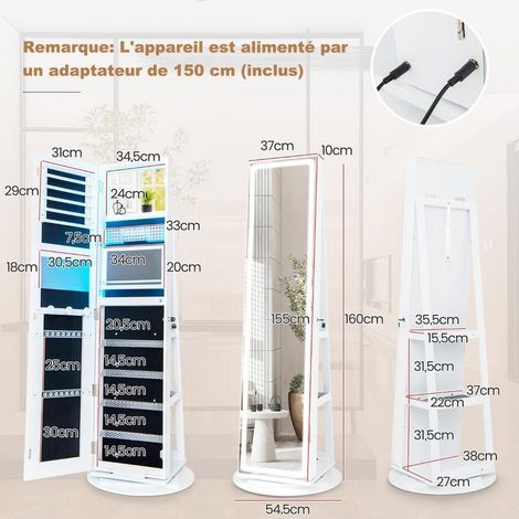 Armoire à bijoux 4 en 1 avec miroir LED, rangement maquillage, base rotative 360°, 54,5 x 54,5 x 160 cm (1/5)