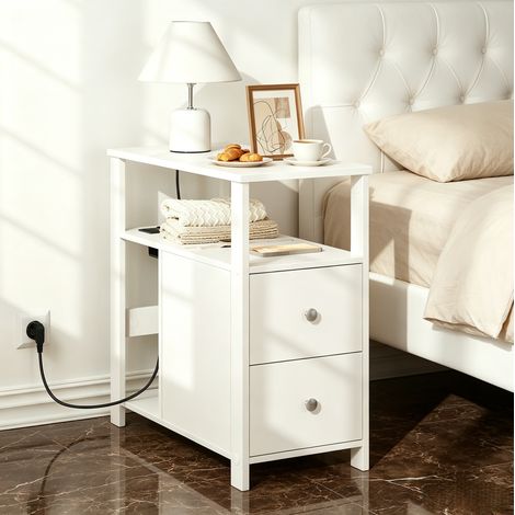 Tavolino stretto con presa, 2 cassetti e vani, 60 x 30 x 60 cm, bianco DESVIAE (1/5)