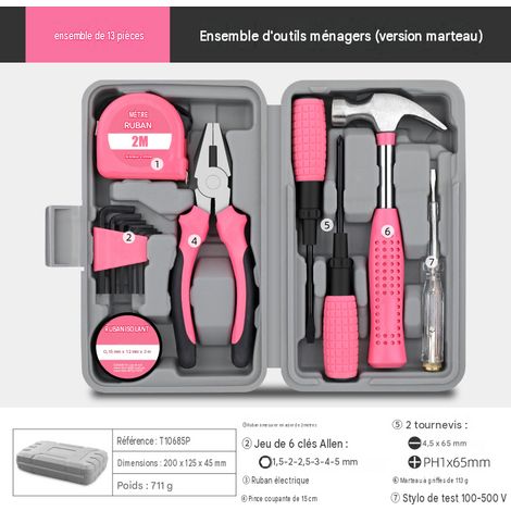 Kit de réparation rose 13 pièces de type marteau : tournevis, pince, coffret à outils – Ensemble de quincaillerie multifonctionnel