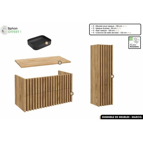 Ensemble complet de salle de bain - Meuble - Colonne - Vasque à poser avec Siphon OFFERT MARCO Oak 100 x 56 x 45 cm (1/5)