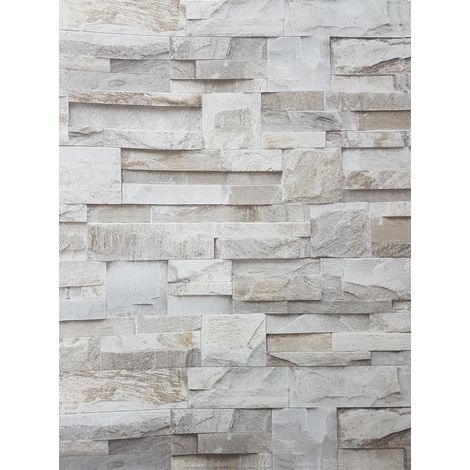3D Slate Stone Brick Effect Wallpaper Grey Beige Realistic Textured Vintage (1/4)