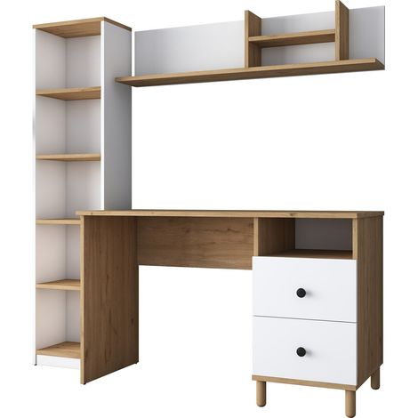 Cotecosy – Bureau droit multi-rangements 120x50x161,8 cm – Panneaux de particules effet chêne – 3 tiroirs et étagères intégrés – Couleur noyer et blanc (1/5)