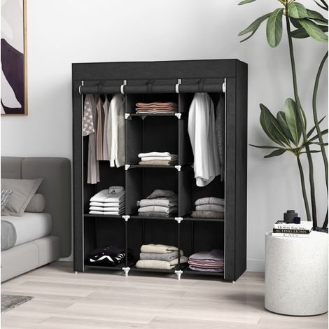Armario de tela con barra para colgar 8 estantes 125 x 43 x 162,5 cm negro OKWISH (1/5)