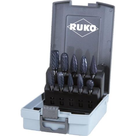 RUKO  Juego  de  fresas  rotativas  de  metal  duro  de  corte  cruzado  HM-TiCN  10  piezas.  Ø  10  /  12  mm  en  caja  de  plástico  -  116003TCRO