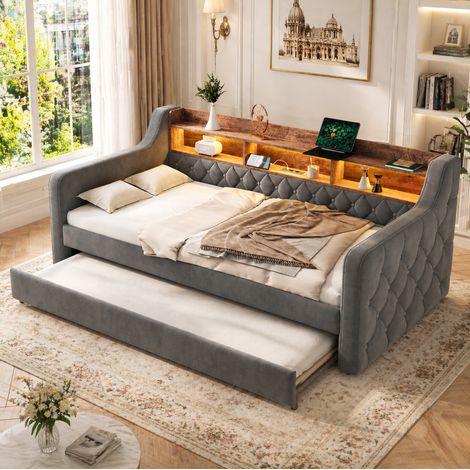 Cama sofá nido moderna 90x190 cm en terciopelo gris oscuro con estante, LED regulable y puerto USB-C (1/5)
