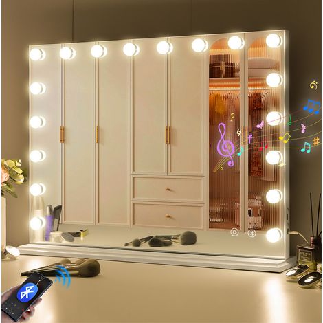 FENCHILIN Hollywood Vanity Mirror with Lights Large Makeup Mirror with 18 Dimmable LED Bulbs Lighted Vanity Mirror with Music Speaker 3 Color Modes Makeup Mirror with Lights and Magnification 80x58cm