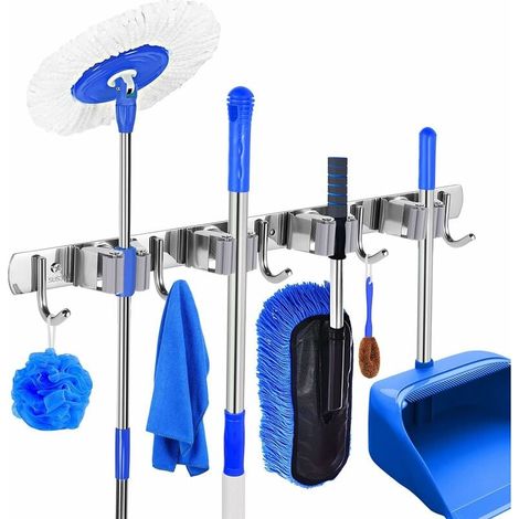 Support Mural Pour Balai - Acier Inoxydable SUS304 - 4 Emplacements 3 Crochets - Pour Cuisine Porte Garage Jardin - Fixation Murale (1/4)