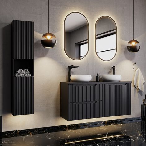 Badmöbel Set 120cm Doppelwaschtisch, schwarz mit gerillter Front NEWPORT-56-BLACK (1/5)