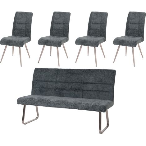 [NON UTILIZZATO] Set sala da pranzo HHG-221, 4 sedie + panca 180cm, acciaio inox stoffa/tessuto ciniglia, blu-verde (1/5)