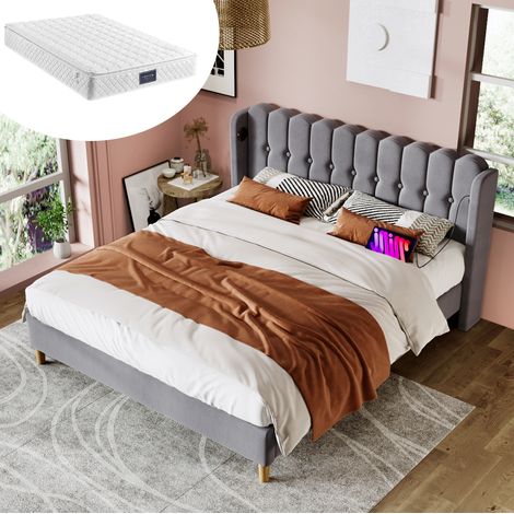 cama matrimonio tapizada con USB y colchón 140x200 OKMYHOME (1/5)