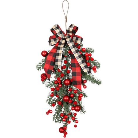 Déco de Noël pré éclairée sans Fil de noël de 23.6 Pouces couronnes de Larmes artificielles pour Porte d'entrée décor de fenêtre Murale extérieure Couronne Fleur Suspendre (B One Size) (1/5)