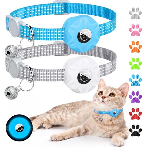 Collier traceur GPS Bluetooth pour chat avec design réfléchissant et boucle de sécurité, léger pour chatons et clochette (gris/bleu lumineux) (1/5)