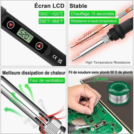 NALOOKAMIC  Fer Souder Kit 80W Temprature Rglable 180-500C Electronique de Precision avec Interrupteur ON/OFF, 5 Conseils de soudage, Pompe