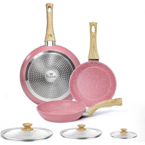 Set de 3 poêles avec couvercles, 20/24/28 cm, antiadhésif, induction, rose (1/5)