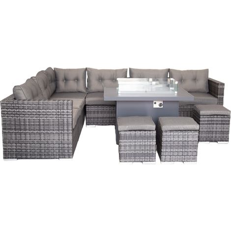 Rattan Corner 9 Seater Rattan Garden Furniture Set, Gas Fire Pit Table Set - Grey (1/3)