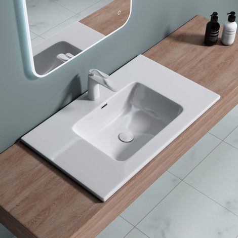 doporro Lavabo da Incasso, Lavabo Sottopiano 80x48x14cm, Lavandino Bagno da Minerale Fuso Colossum02-800,Bianco (1/5)
