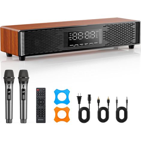 Barre de Son TV 100W avec 2 Micros sans Fil, Soundbar Bluetooth pour Home Cinéma et Karaoké, Haut-Parleurs Tweeter + Woofer, Son Clair, HDMI Arc/Optique/AUX/USB, pour TV, PC et Vidéoprojecteur (1/5)