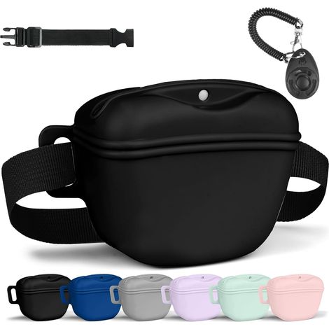 Sac Friandise pour Chien en Silicone, Accessoires Sac D'entraînement Doggie Treat Sac Pochette, Sacs de Nourriture Portables pour Les Promenades du Chien avec Clicker et Ceinture Dressage(Noir)