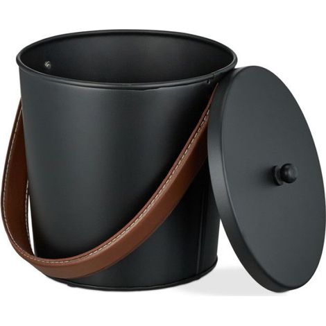 Seau À Cendres - 4,5 L - Fer Poudré Noir - Avec Couvercle Et Anse En Cuir De Buffle - Pour Cheminée Poêle Barbecue - 1 Pièce (1/5)