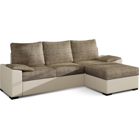 Canapé angle convertible et réversible simili beige et tissu beige clair chiné Luzo 245cm (1/5)