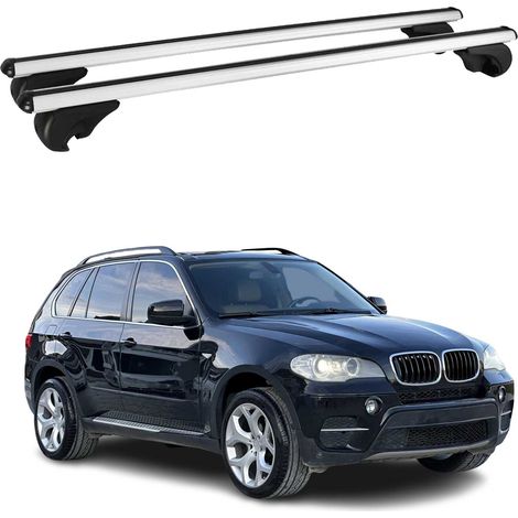 OMAC Barres de toit en aluminium pour BMW X5 E70 2006-2013 – TÜV / DIN 75302:2019 – Antivol inclus – Charge max 75 kg – 2 barres Argent (1/4)