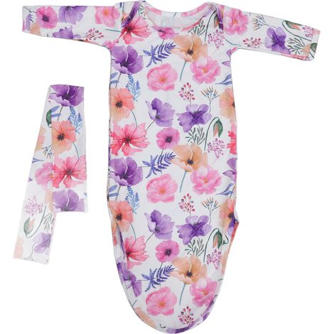 Chemise de nuit nouée pour bébé, respirante, douce et confortable, avec bandeau pour les cheveux et fleurs aquarelles roses. (1/5)