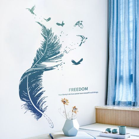 Sticker mural plume bleue (3090 cm) Sticker mural oiseau salon chambre cuisine couloir décoration (1/5)