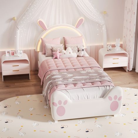 Lit enfant 90x200, lit fille avec Sommier à Lattes, Tête de lit lapin avec lumière LED, Décoration chambre fille, velours blanc (1/5)