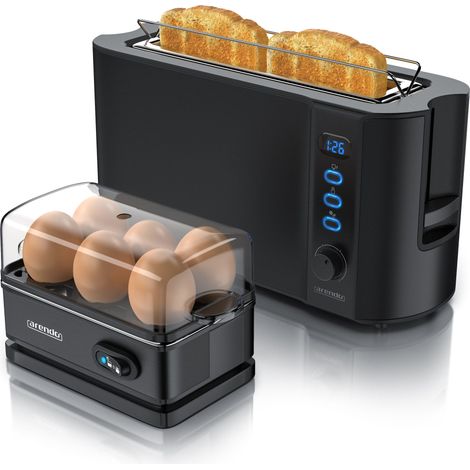 Arendo - SET Toaster FRUKOST mit Eierkocher SIXCOOK Edelstahl Schwarz, Toaster 2 Scheiben, LED-Display, 6 Bräunungsgrade, Brötchenhalter - Eierkocher (1/5)