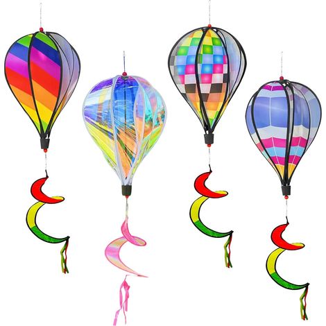 Set di 4 campanelli eolici da 110 cm, micro arcobaleno, mongolfiera, resistenti alle intemperie, ruote girevoli, campanelli eolici da esterno per balcone, patio, feste all'aperto. (1/5)