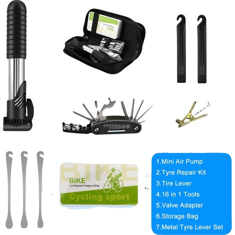 Kit de reparación de bicicletas, multiherramienta 17 en 1, minibomba de aire, negro (1/2)