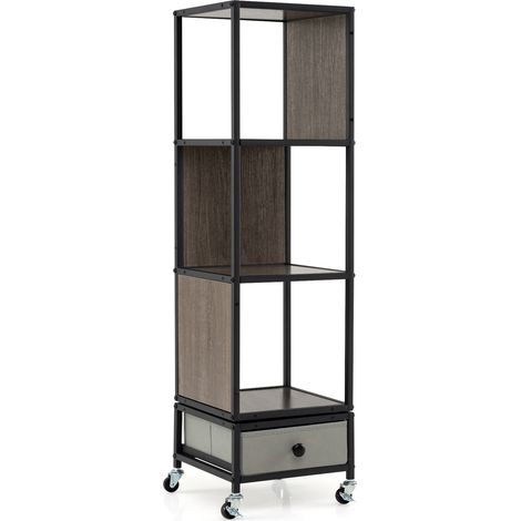 Bibliothèque Tournante à 4 Niveaux sur Roulettes, Étagère d'Angle Pivotante à 360° avec Tiroir de Rangement en Tissu Amovible, Meuble Étroit en Bois