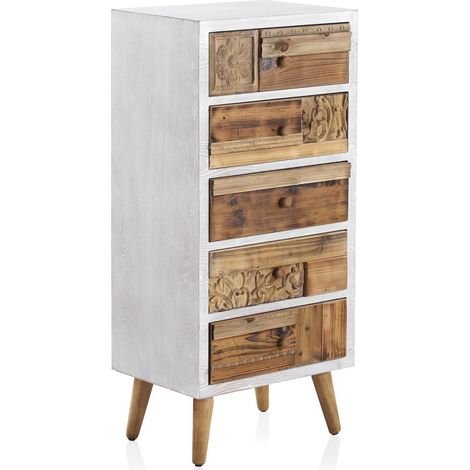 Commode blanche bois naturel sculpté ambiance chaleureuse - Blanc et bois naturel sculpté (1/4)