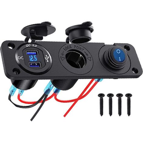 Panneau de prise de chargeur de voiture double USB avec répartiteur allume-cigare 12 V, voltmètre LED et interrupteur indépendant