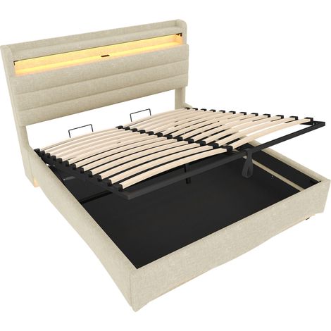 Letto contenitore imbottito 140 x 200 cm beige con LED, USB Type-C e meccanismo idraulico HOMVRA (1/5)