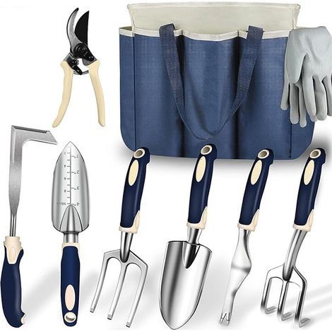 Ensemble de 9 outils de jardin robustes – Poignée antidérapante – Avec grand sac de jardinage – Durable pour le jardinage et le désherbage