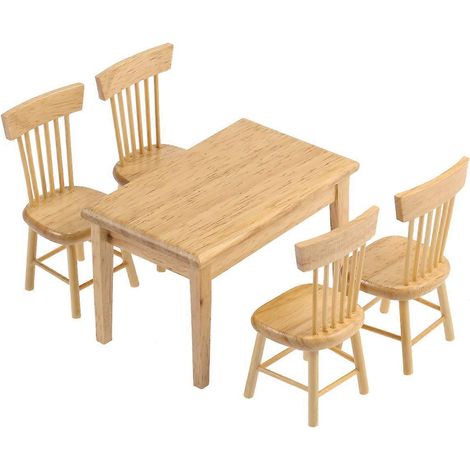 VORCOOL Ensemble de 5 meubles miniatures en bois (couleur bois) pour maison miniature à l'échelle 1/12 : table et chaises.-10.20X6.50X6.50CM (1/3)