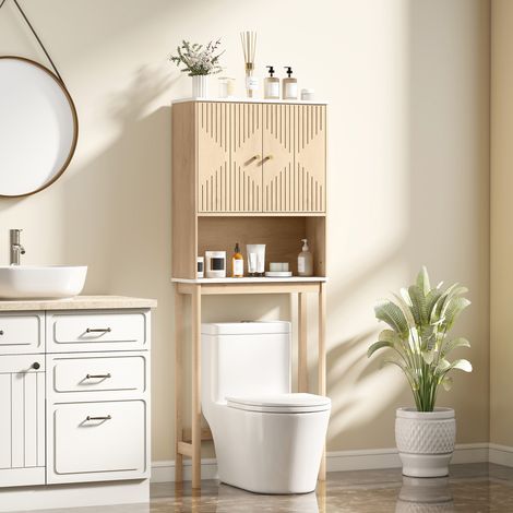 chêne, Meuble WC dessus de toilette meuble toilettes WC rangement avec placard à double porte étagères 66 x 25 x 168 centimètres