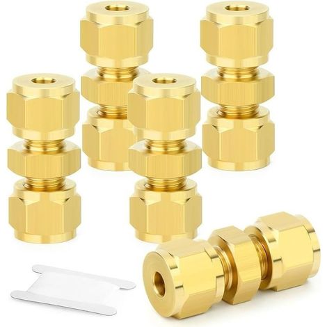 5 Pcs Fitting to compression in brass, 4mm Fitting right Union double, Connector to double ring for tubes in copper, plastic and aluminum (1/4)