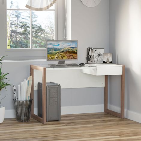 HOMCOM Mesa de Ordenador Mesa de Escritorio Diseño Moderno con Tablero de Vidrio Templado Cajón Combinación de Estilos para Oficina Estudio 120x60x75 cm Blanco (1/5)