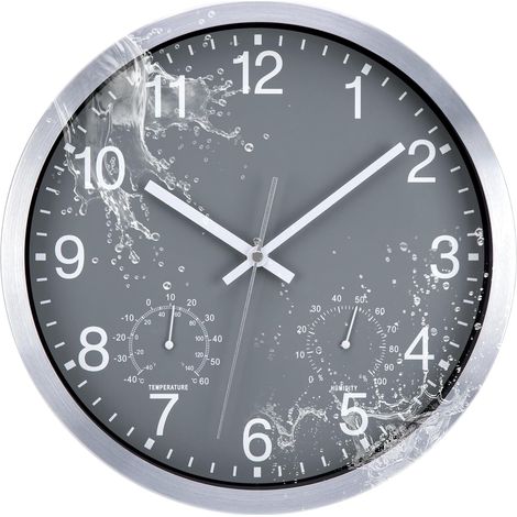 Horloge murale étanche pour l'extérieur – avec thermomètre et hygromètre horloge murale sans tic-tac silencieux 30 cm quartz à batterie grand déco de jardin (gris)