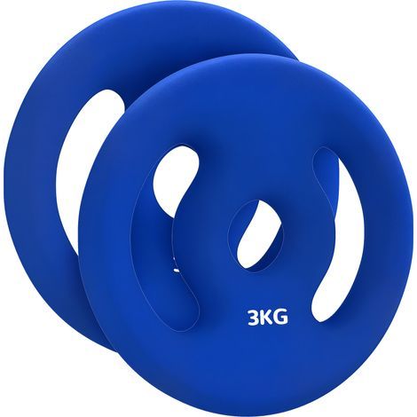 Set di 2 piastre per pesi, 2 x 3 kg, dischi per manubri con foro da 2,5 cm e impugnature facili da afferrare in metallo, blu (1/5)